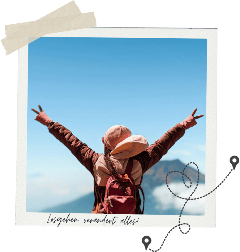 Polaroidfoto einer alleinreisenden Frau mit ausgestreckten Armen vor Berglandschaft. Daneben eine gestrichelte Reiseroute mit Standortmarkierungen und der Schriftzug „Losgehen verändert alles!"